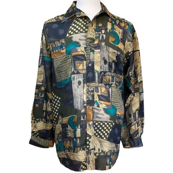 Vintage Other - Men’s Silk Shirt Vintage Abstract Print 90s Long Sleeve Size Medium